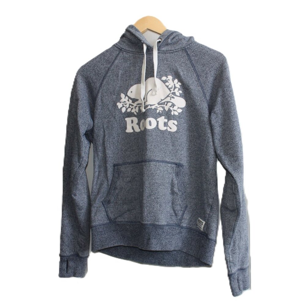 Roots Canada Women's Heather Blue Pullover Hoodie Sweatshirt Sz M Beaver Logo